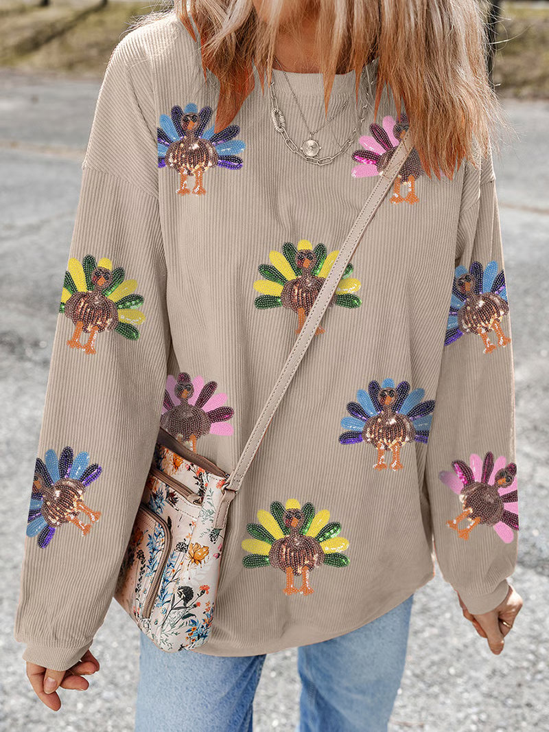 💥2025 HOT SALE💥 Women's Thanksgiving Sweatshirt with Sequin Turkey Graphic Corded Baggy Long Sleeve FallFreshness