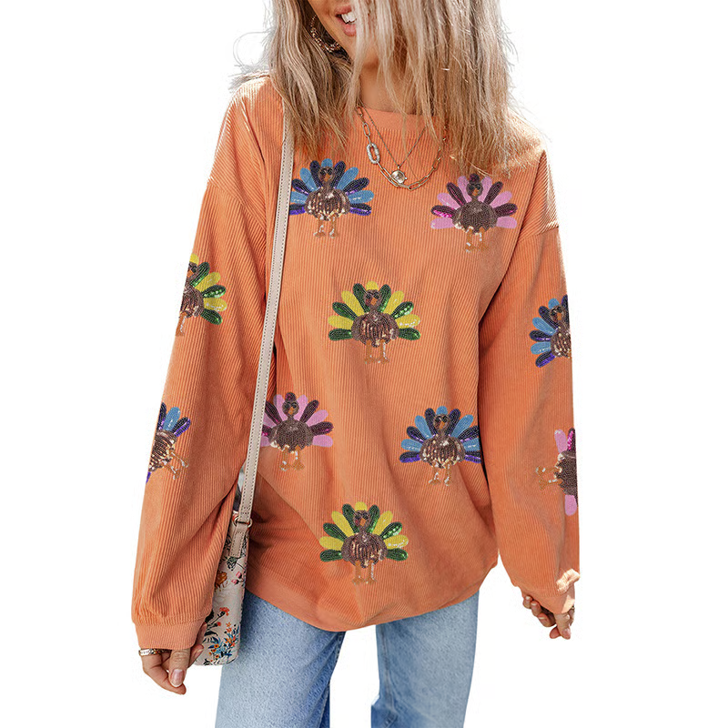 💥2025 HOT SALE💥 Women's Thanksgiving Sweatshirt with Sequin Turkey Graphic Corded Baggy Long Sleeve FallFreshness