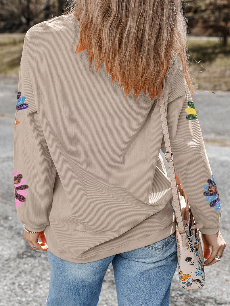 💥2025 HOT SALE💥 Women's Thanksgiving Sweatshirt with Sequin Turkey Graphic Corded Baggy Long Sleeve FallFreshness